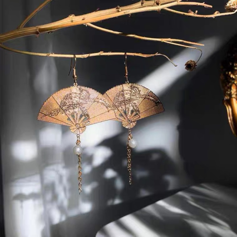 Golden Fan Earrings Antique Asian Art Tassels - Picture 9 of 14